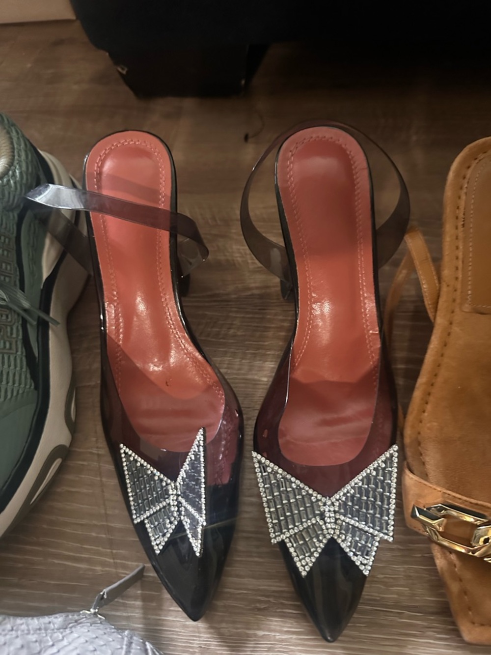 Crystal Bow Pointed Clear-Strap Heels in Wine